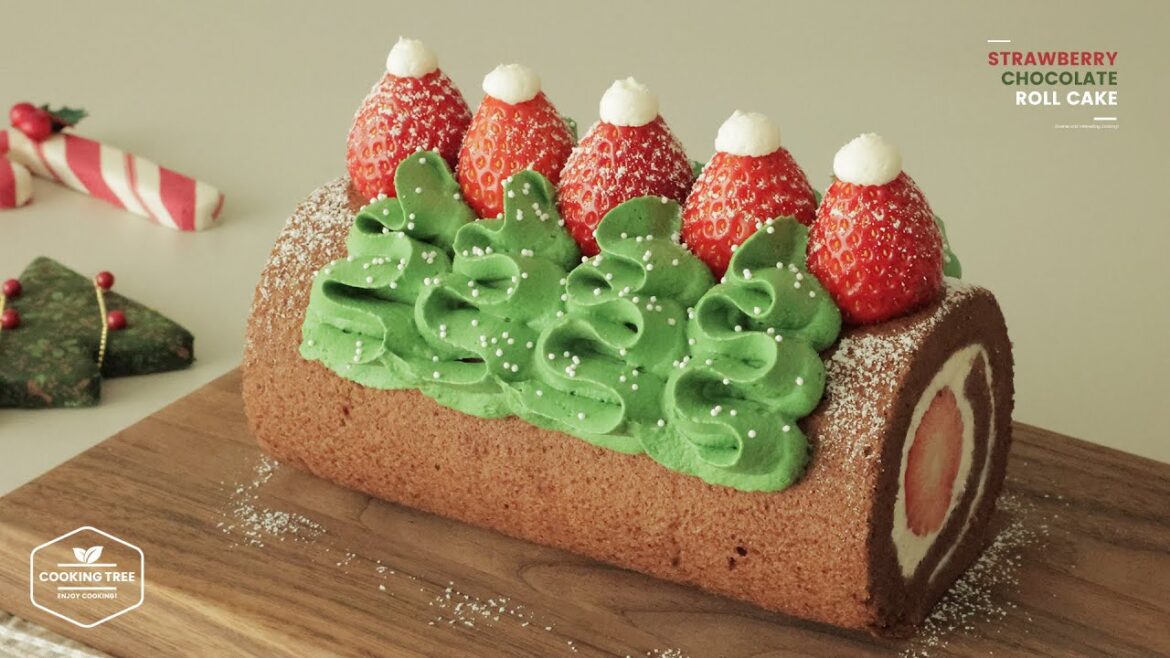 Christmas Strawberry Chocolate Roll Cake Recipe image that shows Christmas Strawberry Chocolate Roll Cake