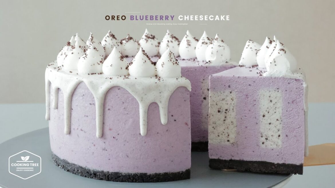 No-Bake Oreo Blueberry Cheesecake Recipe image that shows Oreo Blueberry Cheesecake